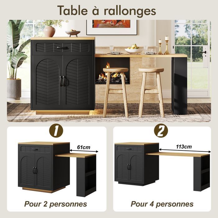 Kitchen island with extendable dining table, modern bar table with 2 drawers and 4 doors - 60-113×70×95.5cm - MDF - black