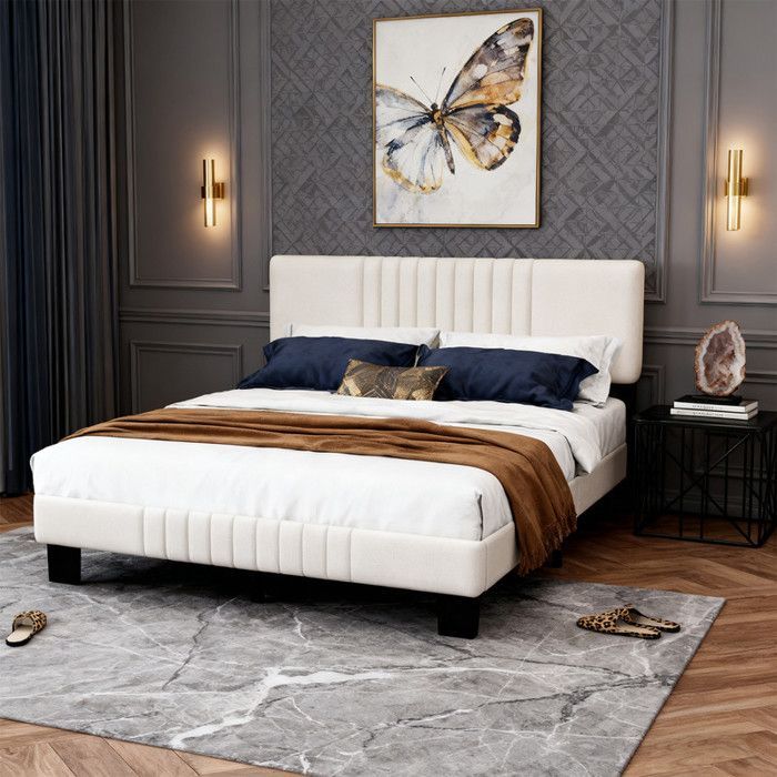 Doppelbett (140 x 190 cm) – Lattenrost – Gepolstertes Bett mit Kopfteil – Für 2 Personen – Bezug aus Leinen