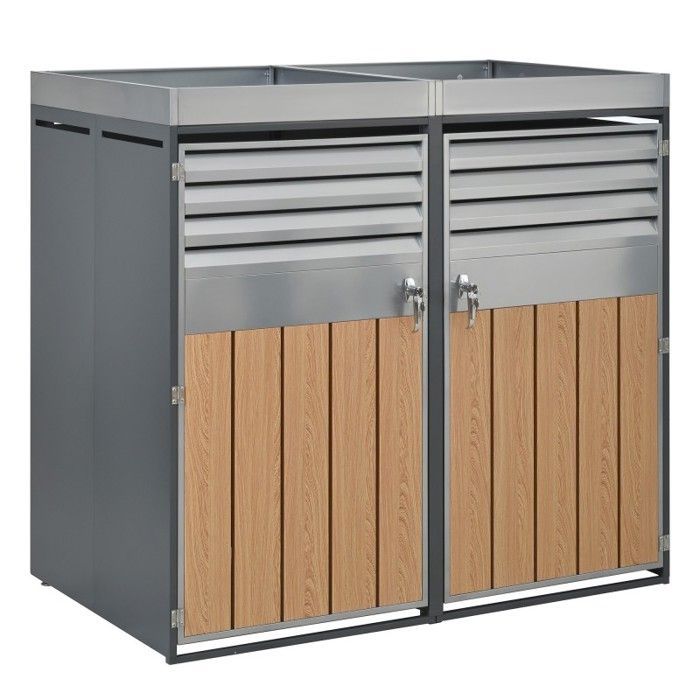 Cache-poubelle double - LANGTU - Cache-poubelle double avec jardinière - Acier galvanisé - Ventilé - Portes verrouillables