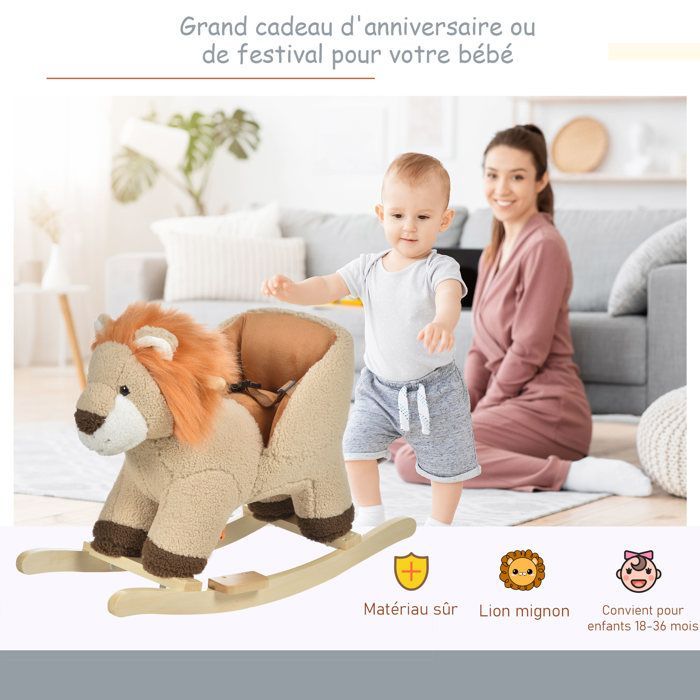 Caballo balancín - HOMCOM - modelo león con función musical, silla de montar acolchada y cómoda, 18-36 meses - madera - 68x35x50cm - marrón