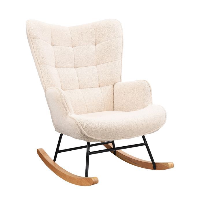 Fauteuil à bascule avec polaire Sherpa, bois massif et cadre en métal, Chaise à Bascule avec dossier haut et assise,beige