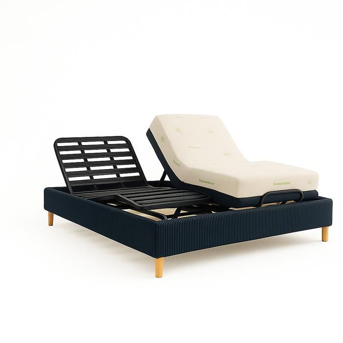 Conjunto de cama eléctrica beige de 200x200 cm: base de láminas para relajación + borde de pana + colchón.