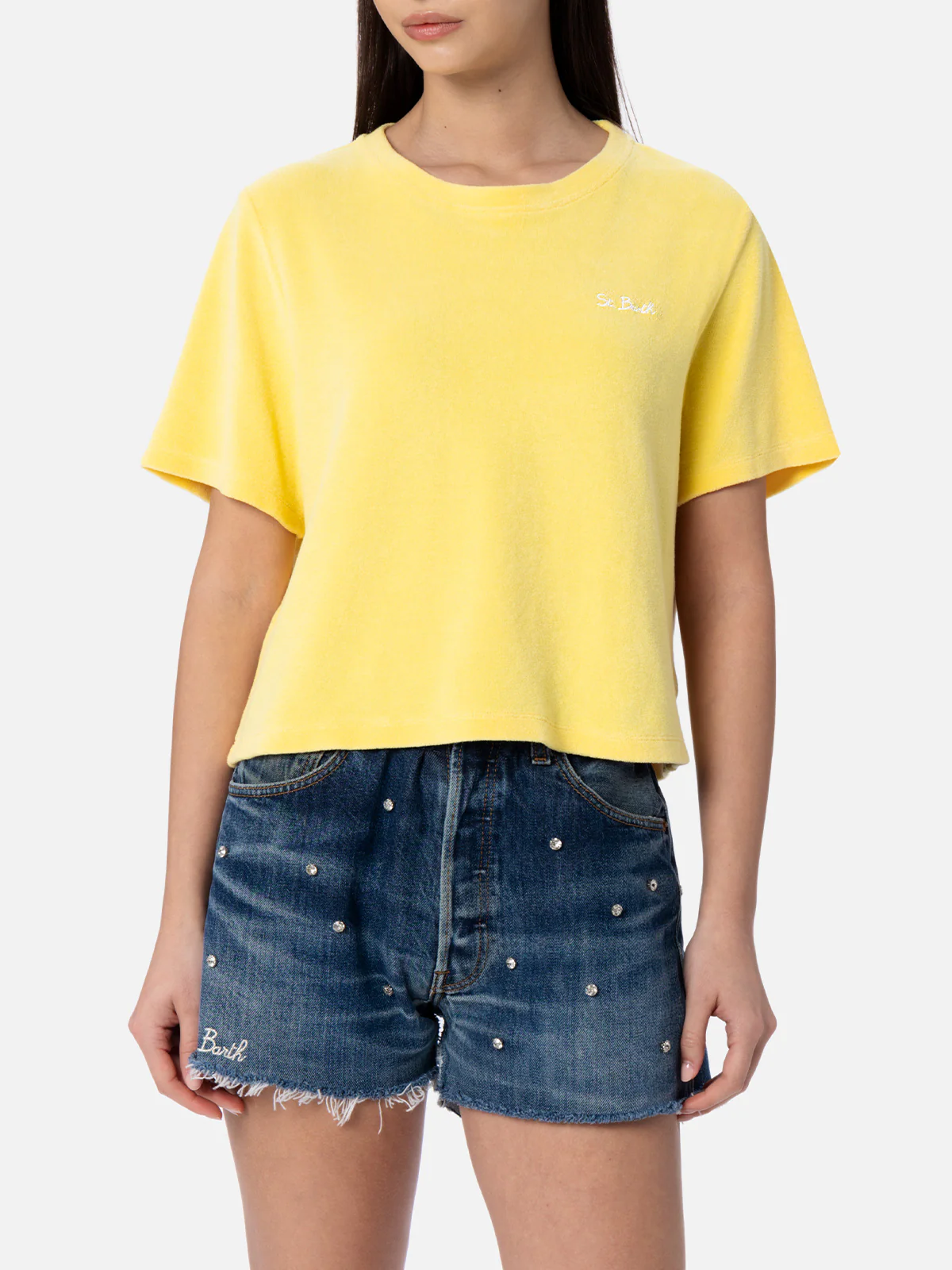 Γυναικείο T-shirt Emilie από ανοιχτό κίτρινο βαμβακερό terry με στρογγυλή λαιμόκοψη