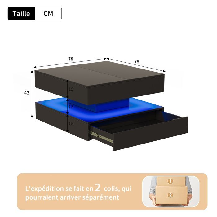 Table Basse - Moderne - Plateau Extensible - 2 Tiroirs - Éclairage LED - Noir