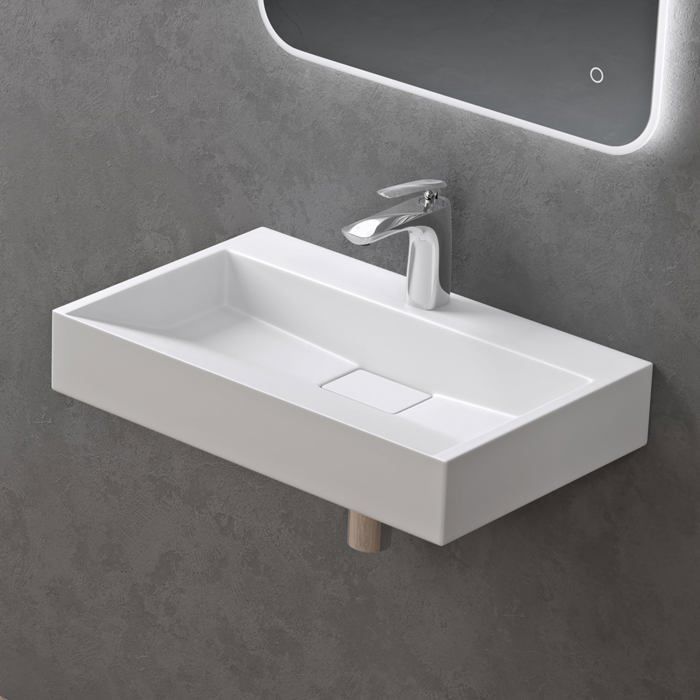 Lavabo mural Doporro con desagüe, lavabo de encimera, blanco mate, 50x38x11cm, lavabo rectangular con orificio para taladrar, Colossum19