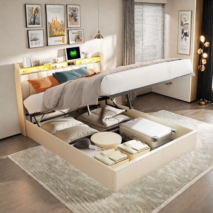 Cama doble con espacio de almacenamiento de 140x190 cm - TANANT - Beige - Iluminación LED integrada - Almacenamiento práctico - Cabecero decorativo