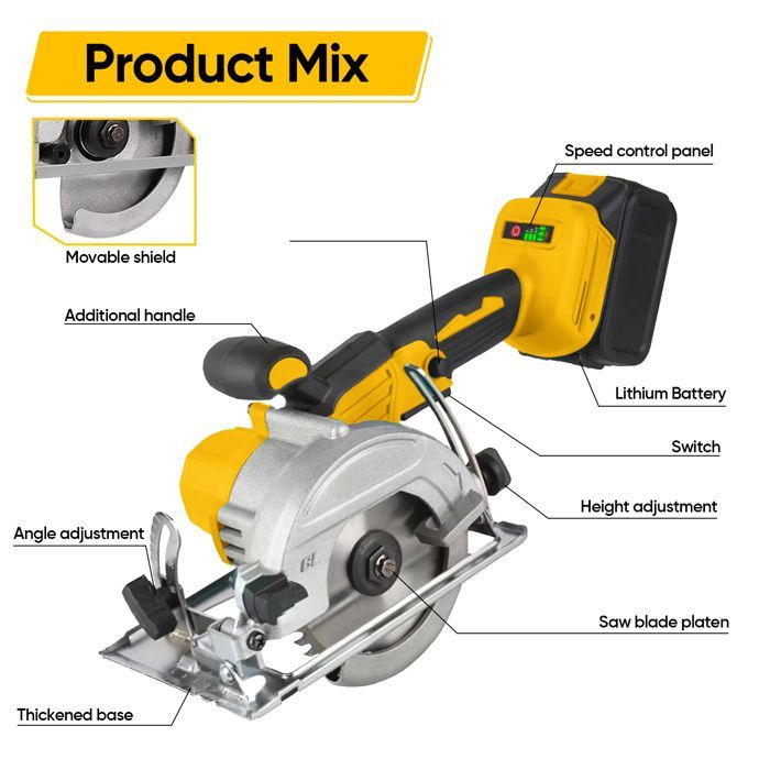 Sega circolare a batteria da 125 mm - Motore brushless da 21 V 1000 W - con 2 batterie - Angolo di taglio 0-45°, profondità di taglio 45 mm - Per legno e PVC