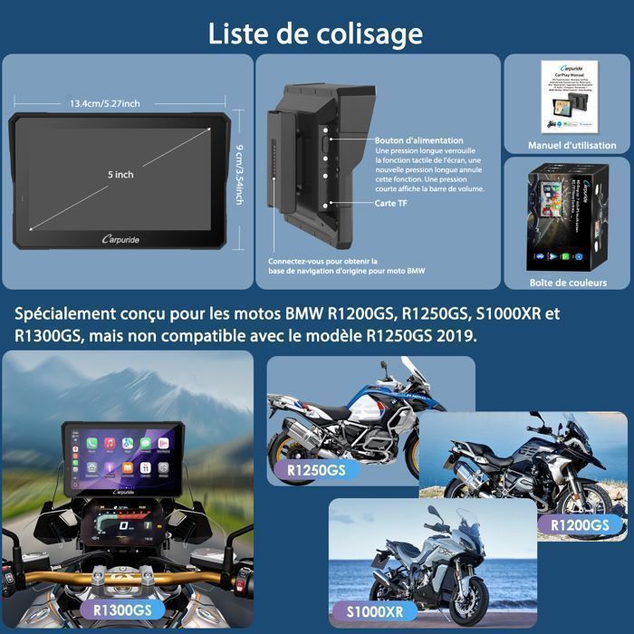 CARPURIDE W502BS Pro Radio para motocicleta de 5” con CarPlay y Android Auto, compatible con motocicletas BMW, pantalla táctil impermeable IP67, Native Wonder