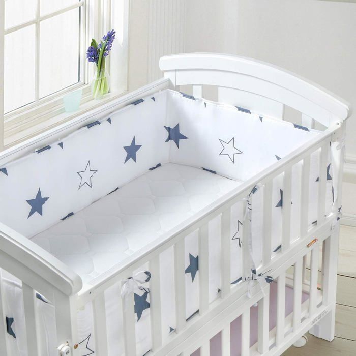 Babybedbeschermer, hoofdbescherming, babybedje, 180x28 cm, wit met veelkleurige strepen