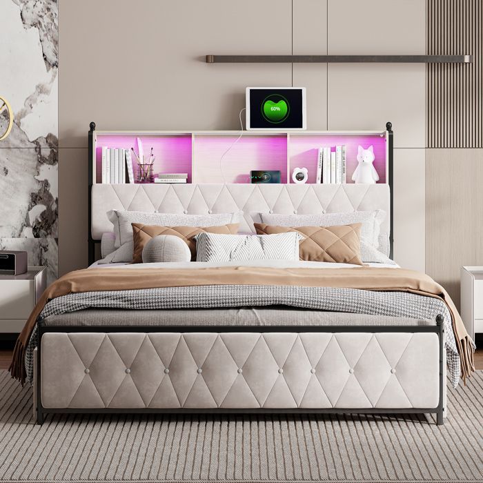 Cama de casal 180x200cm, cama king size com 4 gavetas, cabeceira com compartimento de armazenamento, LED, 2 tomadas.