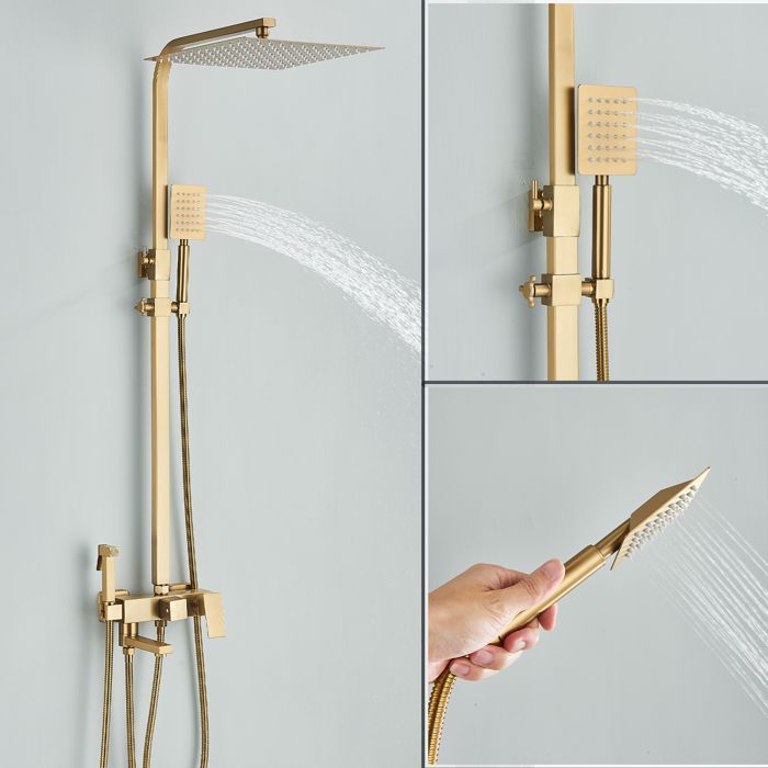 Columna de ducha de oro cepillado, conjunto de ducha de acero inoxidable con cabezal de ducha de 30 x 30 cm.