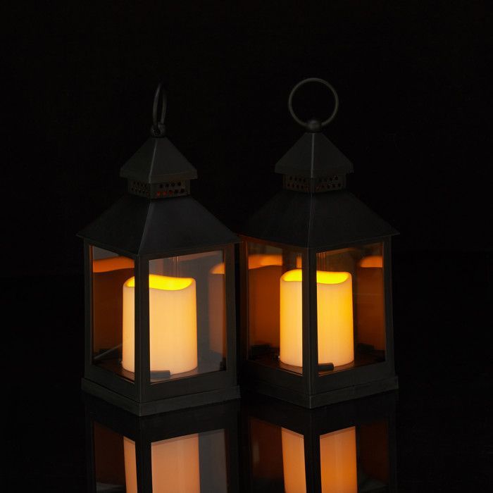 Relaxdays LED-lantaarns, kaars met vlameffect, voor buitengebruik, nostalgische lantaarn, hoogte 23 cm, zwart