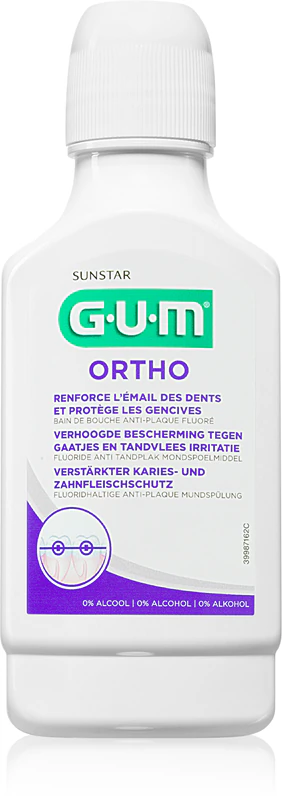 Enxaguante bucal GUM Ortho para pessoas que usam aparelhos ortodônticos.