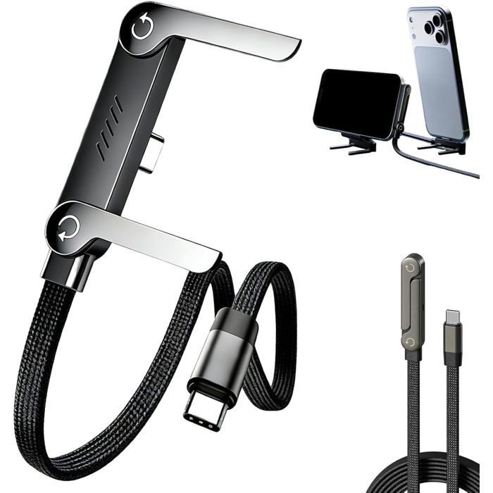 Générique Câble Chargeur 2-en-1 Invisible avec Support en T - Câble Tressé Type-C 240W Charge Rapide 1,5m, pour Tous les Téléphones