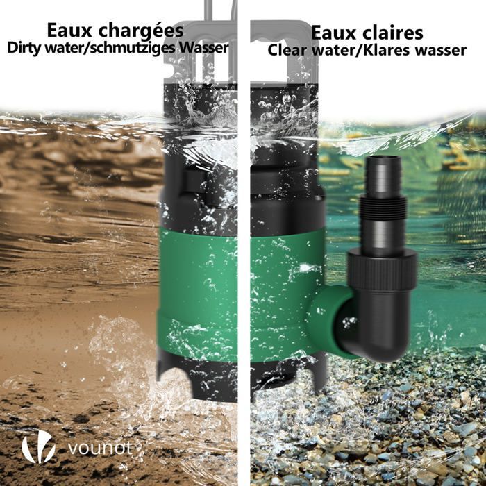 VOUNOT® Pompe d'évacuation pour eaux chargées 8000L/h - profondeur 7m - automatique avec flotteur - protection thermique