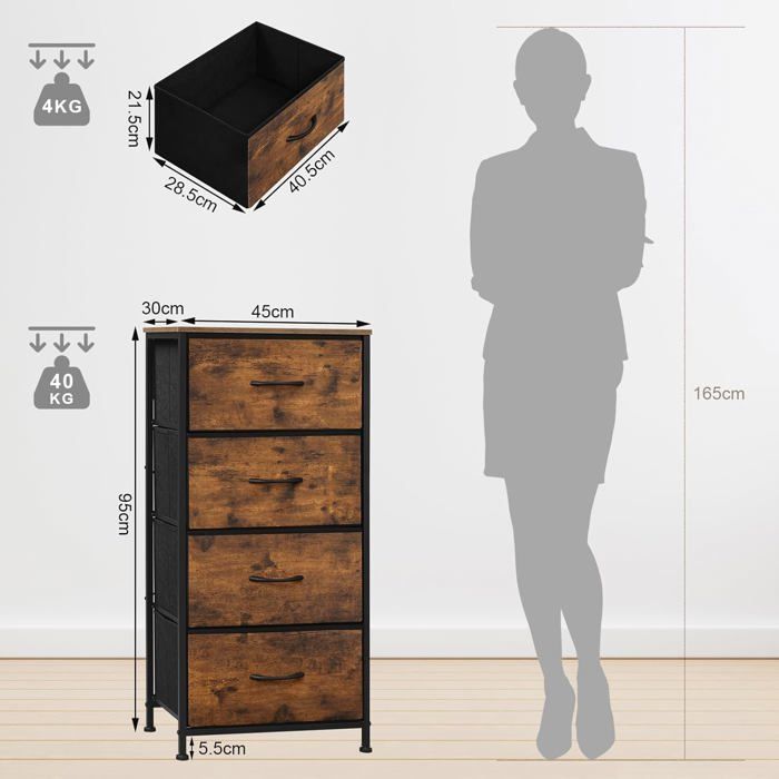 WOLTU Commode, Meuble à 4 Tiroirs en Tissu, Cadre en Métal, Dessus en Bois d'Ingénierie E1, Marron Rustique+Noir W0ITT0116