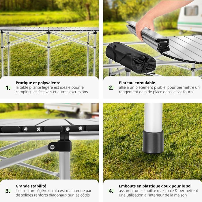 Mesa de picnic - TECTAKE - Mesa plegable de aluminio de 140 x 70 x 70 cm, resistente a la intemperie, con bolsa de transporte - Gris