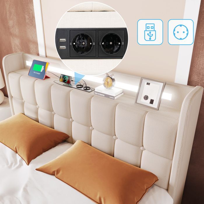 Cama de 160x200 cm con iluminación LED y 4 cajones, cama Queen de 160x200 cm con somier de láminas y puerto USB, cama para adultos en tela de lino, color beige.