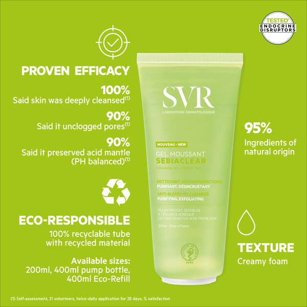 Limpiador facial espumoso con ácido salicílico SVR SEBIACLEAR, 200 ml