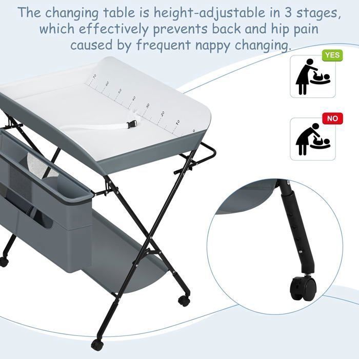 WOLTU Table à Langer Pliable et Portable, avec roulettes et Panier, Hauteur Réglable, Cadre Métallique, Tissu Oxford, Gris