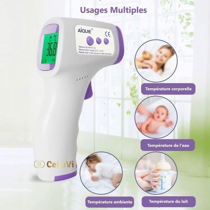 Thermomètre Frontal rapide et précis bébés et adultes - CeLuVi - Avec alarme fièvre par Code Couleur, Ecran LCD, historique