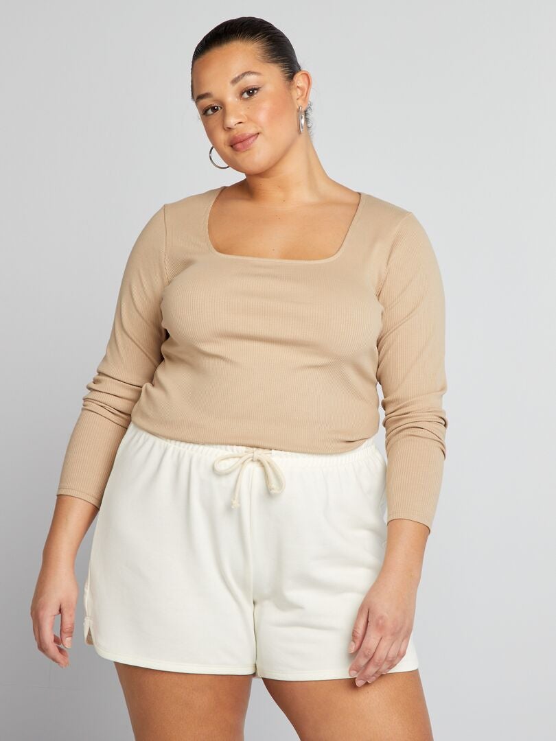 Geribbeld T-shirt met vierkante halslijn - BEIGE