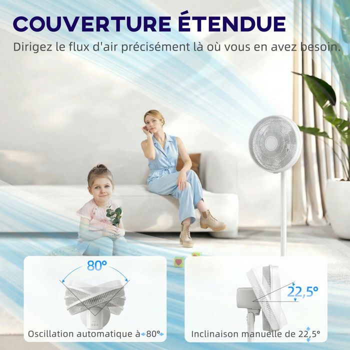 Pedestal fan - HOMCOM - 80° oscillation, adjustable height, 4 speeds, 10-hour timer - 40 x 40 x 118.5 cm - ABS - white