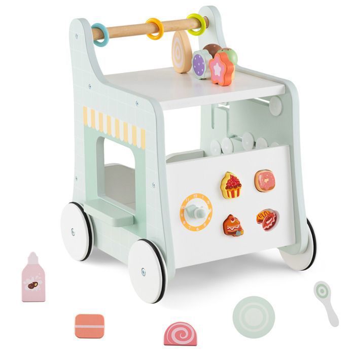 DREAMADE Girello in legno per bambini da 1 anno in su, carretto multifunzionale per gelati con accessori e ruote scorrevoli, verde