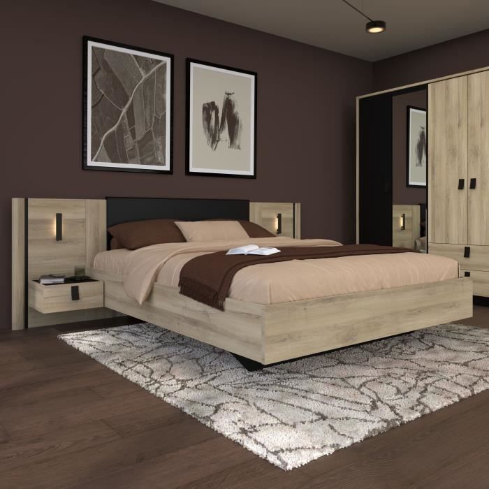 Cama doble para adultos con 2 mesitas de noche - KIERAN - 160 x 200 cm - Acabado roble/negro - PARISOT