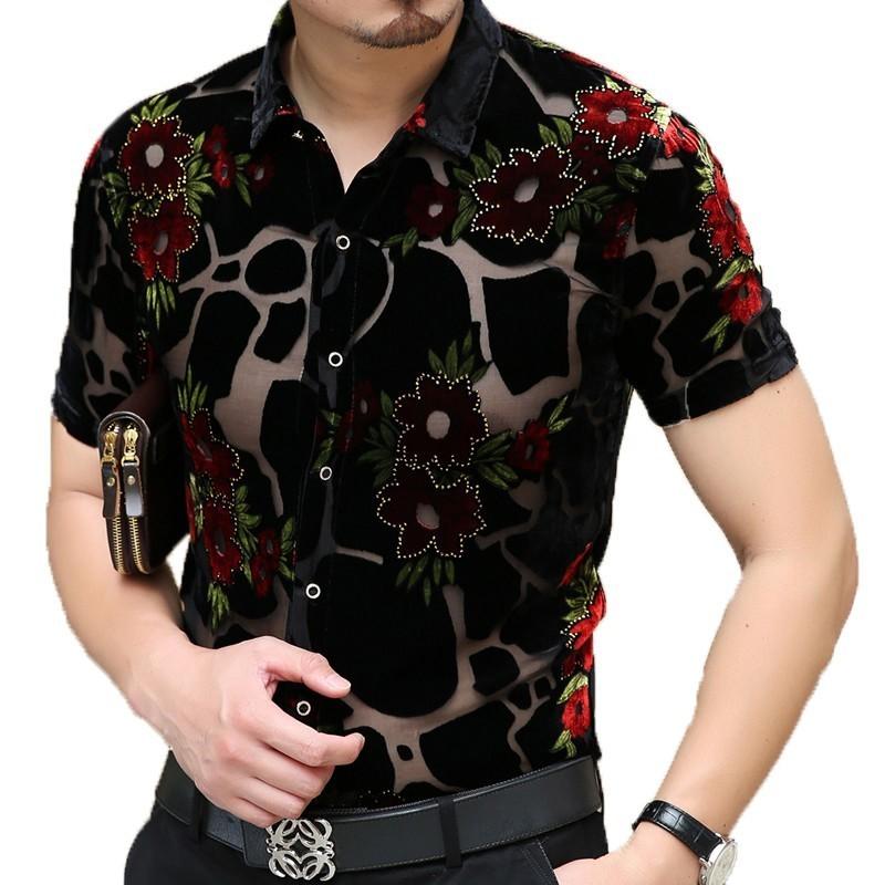 Streetwear Flower Shirt Hawaiian Man Shirt Transparent Short Sleeve Camicia Uomo 2019 Fashion Camisa Hombre Shirt Camisa Social