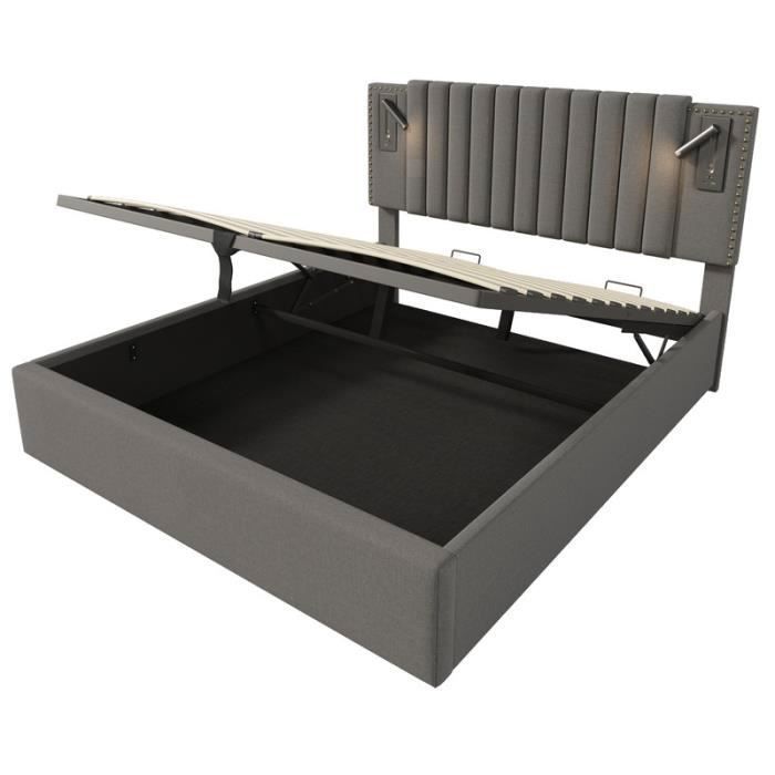 Cama doble tapizada de 180x200 cm - Cabecero con puerto USB - Compartimento de almacenamiento - Gris vintage