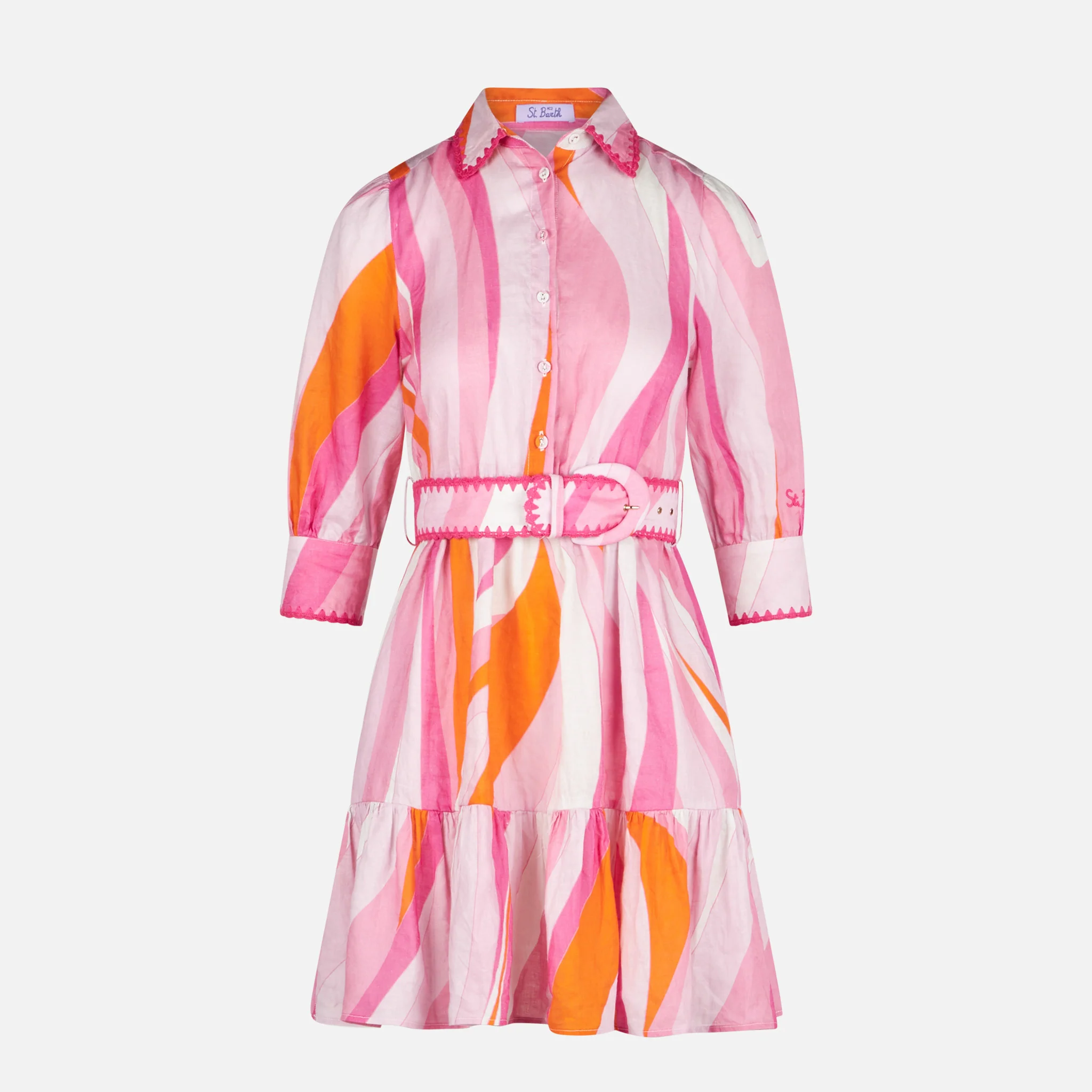 Korte linnen jurk met Shape Wave-print.