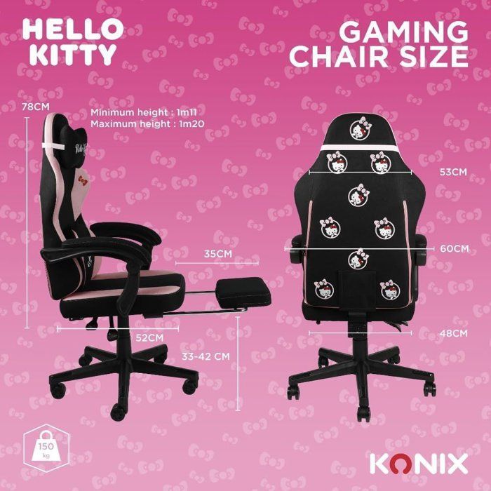Silla de oficina para videojuegos - KONIX - Hello Kitty - Respaldo reclinable 150° - Tapicería de tela - Cojín - Reposapiés - Negro y rosa