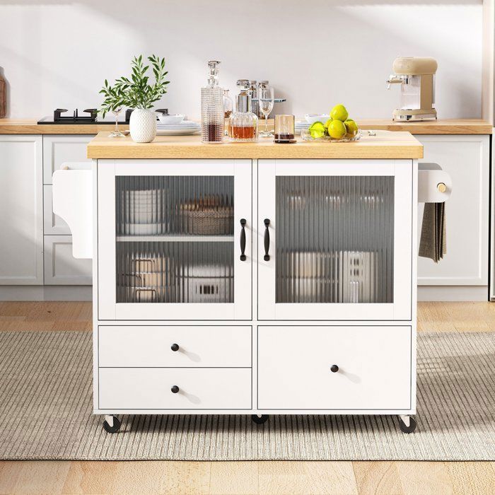 Isla de cocina con encimera abatible - Luonians - 100 × 42 (70) × 91,5 cm, con 3 cajones y 2 puertas - Blanco