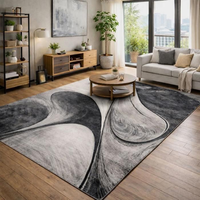 Tapete para sala de estar 200x290 cm, tecido cinza, retangular, com padrão geométrico, LYN8 MADILA