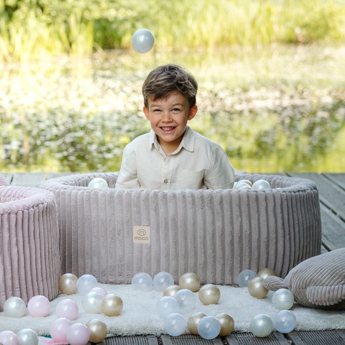 Piscina de bolas redonda MISIOO para bebés y niños, pana gruesa, color beige, 90x30 cm, 200 bolas: dorado/blanco perla/transparente.