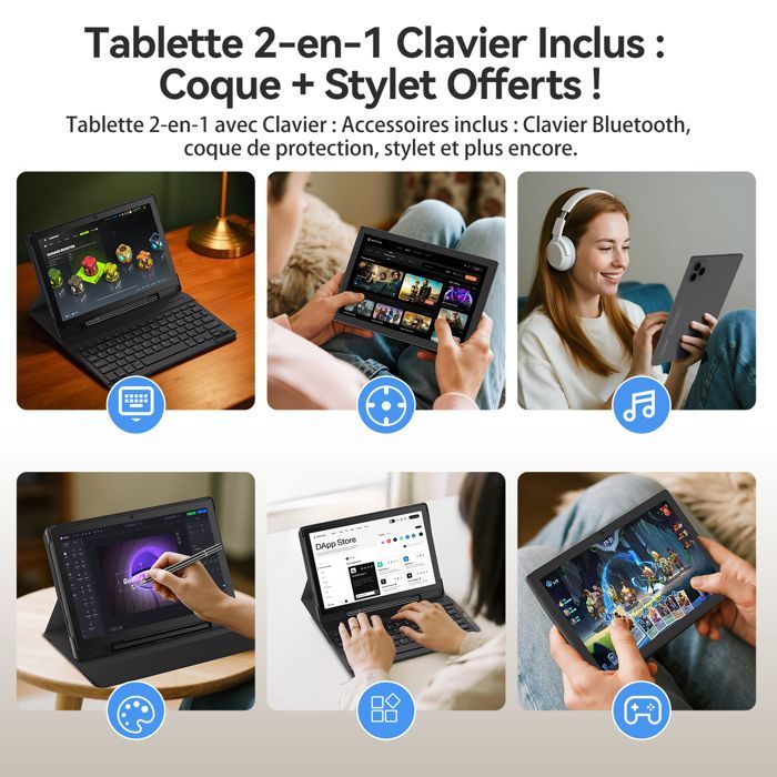 LAMZIEN 10.1-inch IPS Tablet - Android 15 - 14GB + 128GB - Wi-Fi - 6500mAh Battery - AZERTY Keyboard