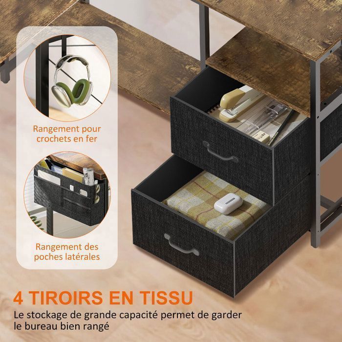 Escritorio gaming en forma de L - 120x120x75 cm - Escritorio esquinero con estante de almacenamiento - Soporte para monitor - 2 puertos USB - 3 tomas de corriente - Marrón