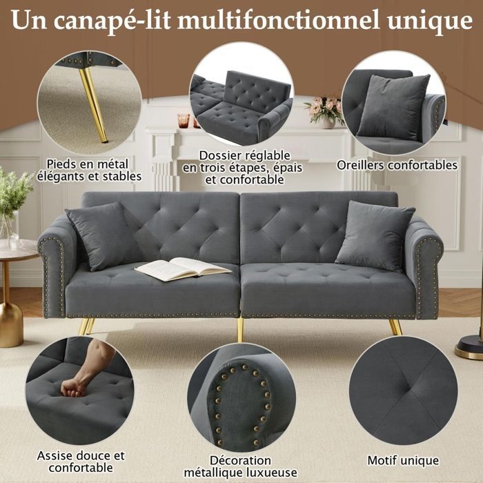 Canapé convertible - RAVAS - Banquette 2 places - Velours gris - Dossier réglable - Espace de rangement