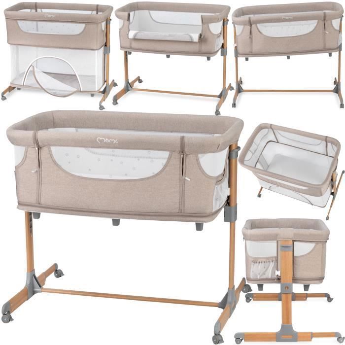 MoMi SMART BED – Lettino co-sleeping 4 in 1 per neonati – Regolabile in altezza e inclinazione – Dotato di zanzariera, materasso e accesso laterale – Beige