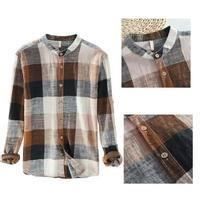 Camisa de lino natural de manga larga para hombre - FUNMOON - Estampado a cuadros - Cuello mandarín