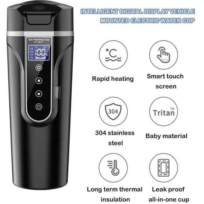 Bouilloire électrique de voiture - Virex® - 500 ml - 12V/24V - Acier inoxydable 304 - Température réglable 40-90°C