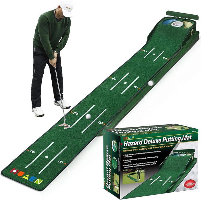 Tapete de golf verde para interiores con retorno de pelota y 3 hoyos - Equipo de entrenamiento para el hogar o la oficina - Accesorios