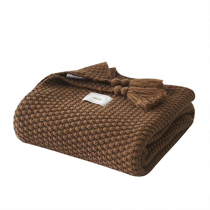 Gebreide deken, plaid, banksprei, bedsprei, tafelkleed, warme, zachte Scandinavische bedsprei (bruin, 130 x 170 cm)