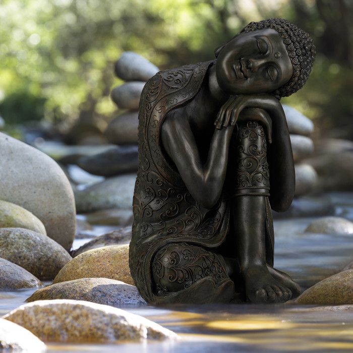 Relaxdays Boeddhabeeld, Boeddhafiguur, tuindecoratie, zen keramische sculptuur, 60 cm, donkergrijs