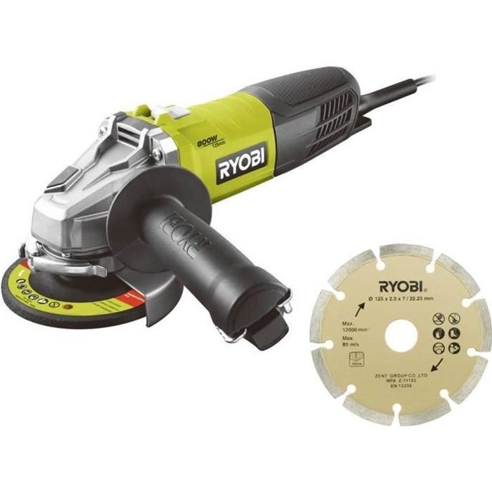 RYOBI - Amoladora angular de 800 W, 125 mm de diámetro - 12.000 RPM + Bolsa, disco de diamante de 125 mm y llave de servicio - RAG800-125SD1