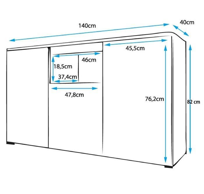 Dressoir met 3 deuren voor de woon- of eetkamer | Opbergruimte | 140 x 82 x 40 cm | Zwart met hoogglans afwerking | Nevada