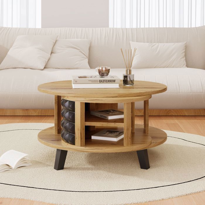 Maisentil salontafel met dubbel draaibaar blad in natuurlijke houtlook, verborgen opbergruimte en een strak, modern design.