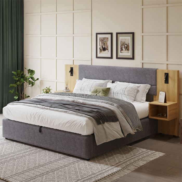 Cama de 180x200 con somier de láminas y mesita de noche, cama doble con espacio de almacenamiento, cabecero ancho y puerto USB, lámpara de lectura, terciopelo gris y madera.
