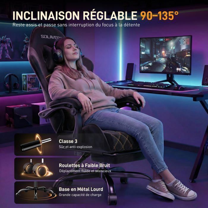EcoFurnix Gaming en Tissu Suédine, Fauteuil Gamer Ergonomique avec Support Lombaire Massante, Siège de Bureau , Charge 150kg, Noir